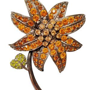 Joan Rivers Magnificent Lily Flower Large Rhinestone Brooch Amber Colored Stones